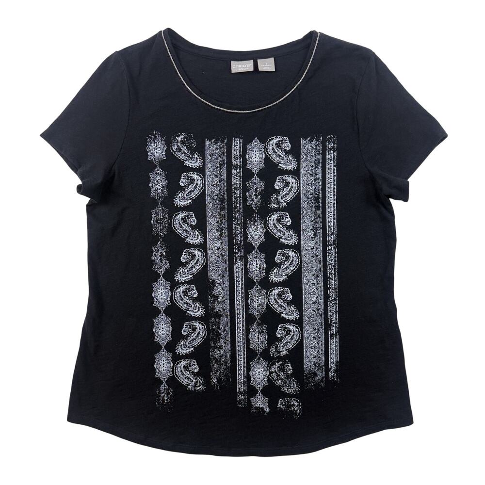 Chicos Zenergy Top Black Blingy Paisley Print Round Neck Short Sleeve Women 8/10